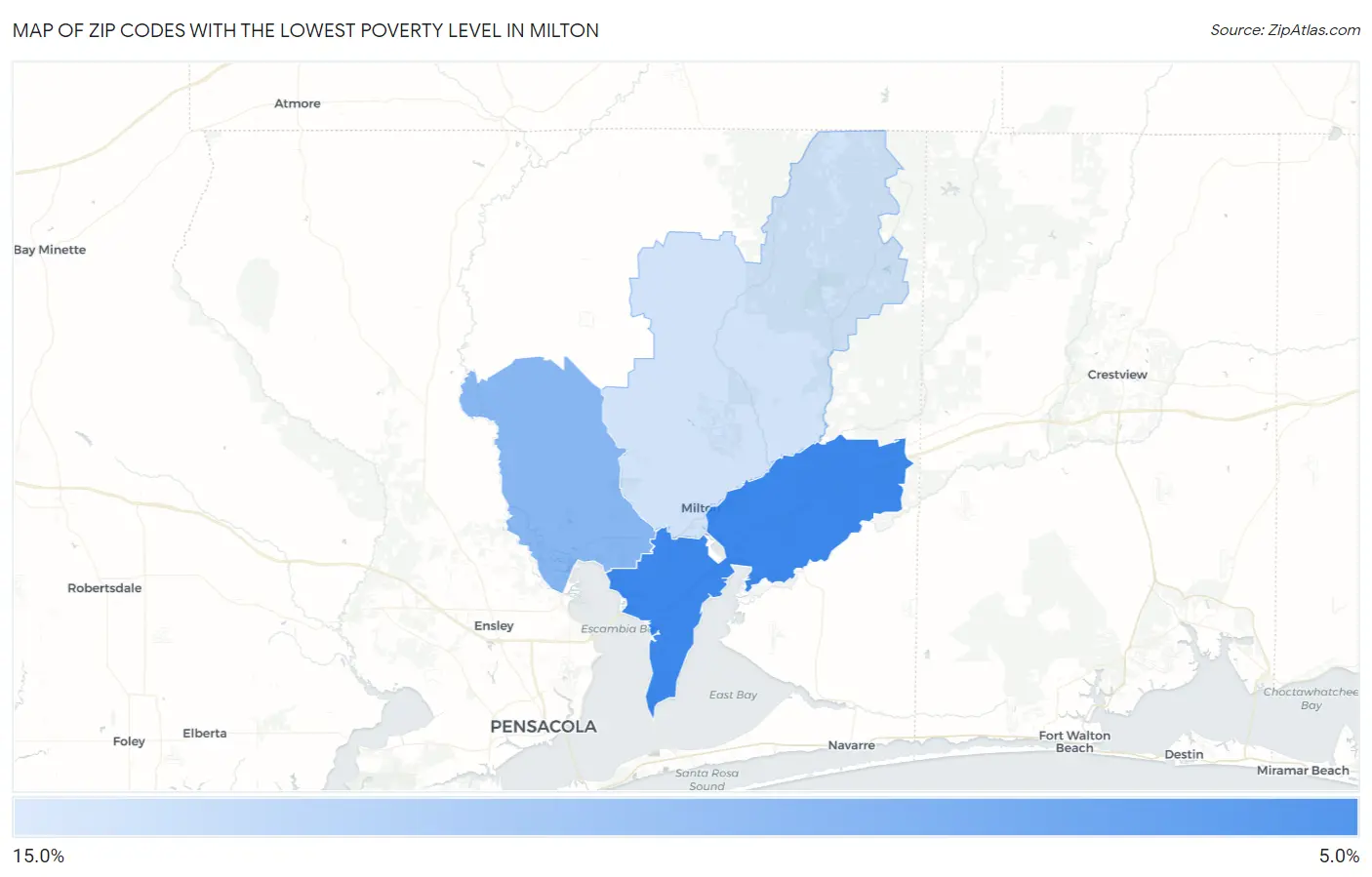 Zip Codes with the Lowest Poverty Level in Milton Map