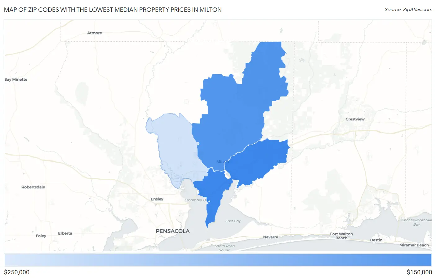Zip Codes with the Lowest Median Property Prices in Milton Map