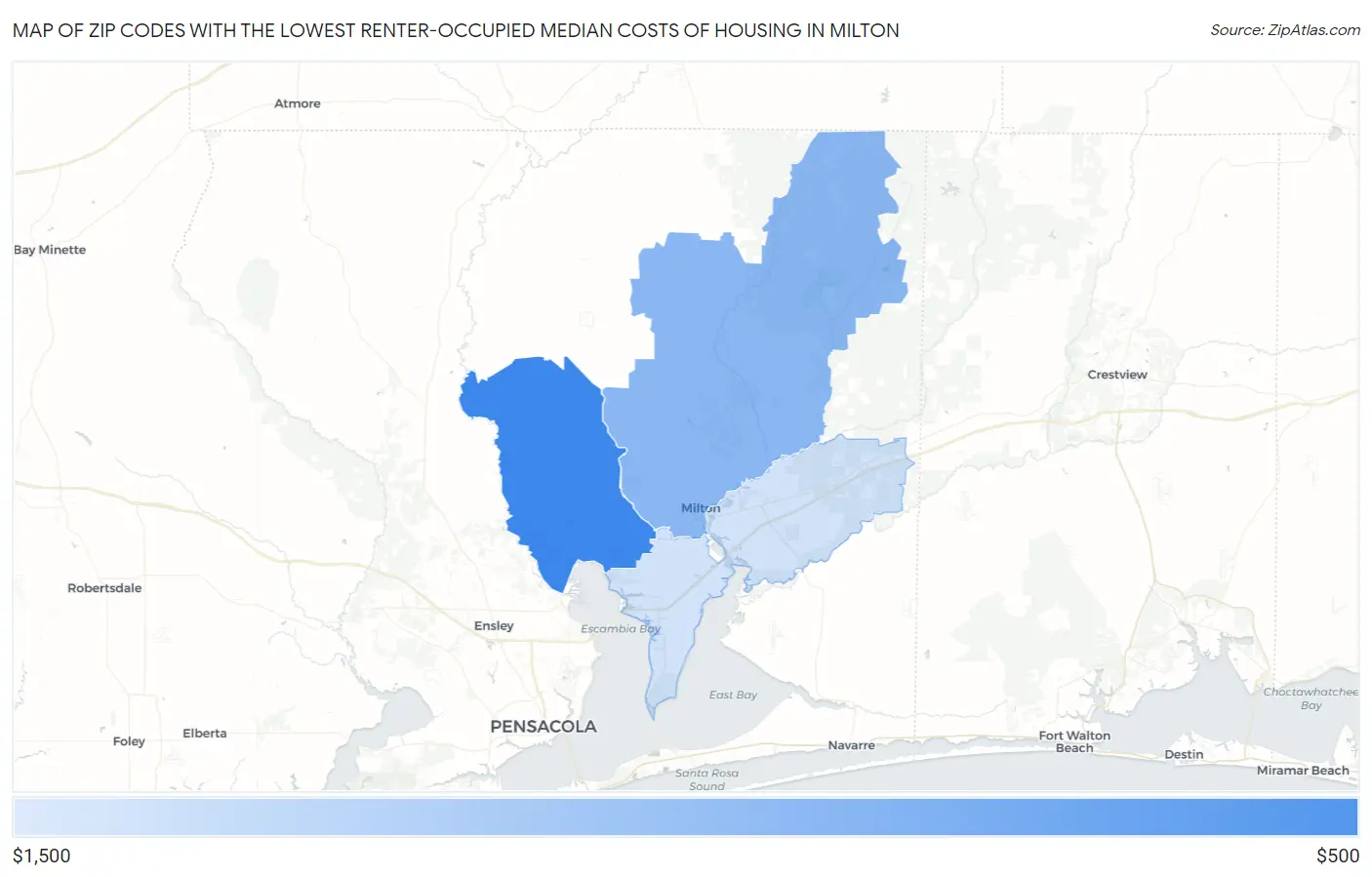 Zip Codes with the Lowest Renter-Occupied Median Costs of Housing in Milton Map