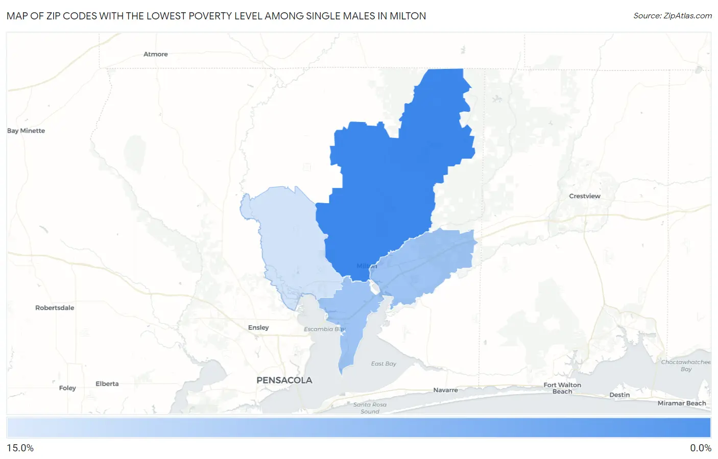 Zip Codes with the Lowest Poverty Level Among Single Males in Milton Map