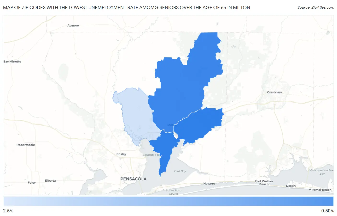 Zip Codes with the Lowest Unemployment Rate Amomg Seniors Over the Age of 65 in Milton Map