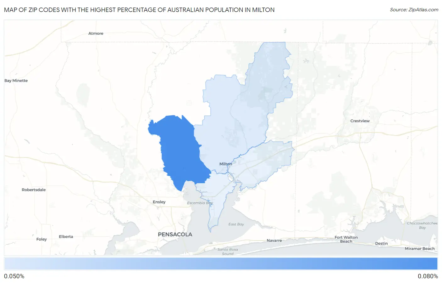 Zip Codes with the Highest Percentage of Australian Population in Milton Map