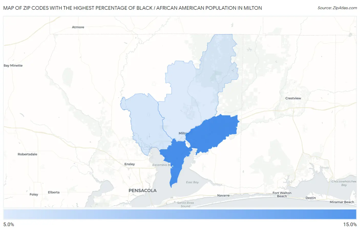 Zip Codes with the Highest Percentage of Black / African American Population in Milton Map