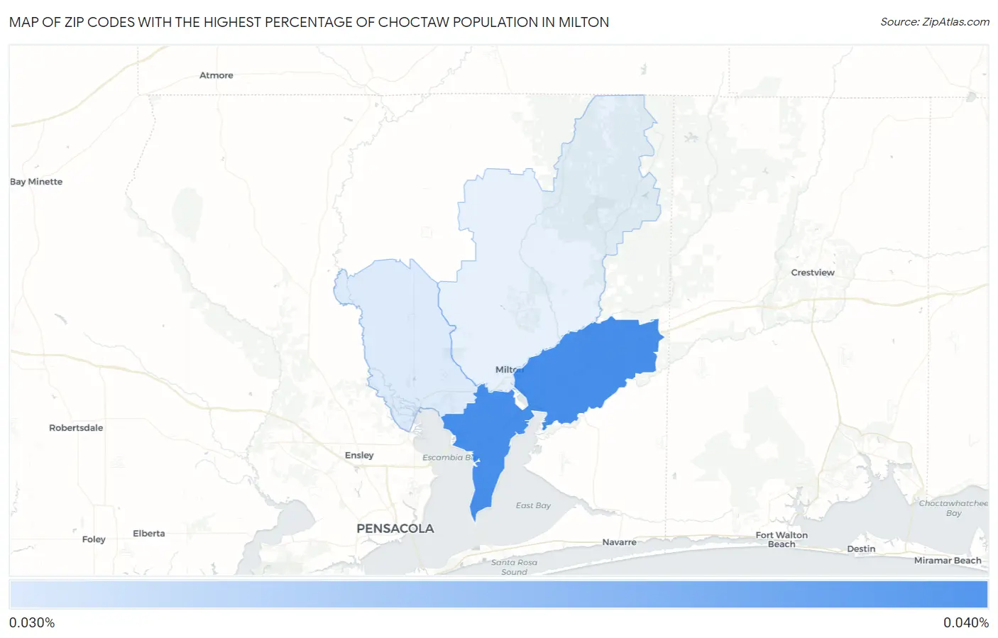 Zip Codes with the Highest Percentage of Choctaw Population in Milton Map