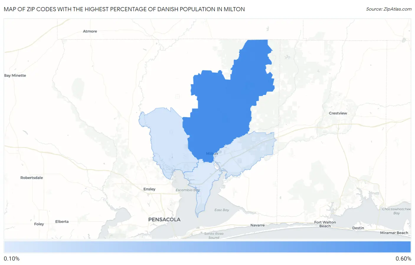 Zip Codes with the Highest Percentage of Danish Population in Milton Map