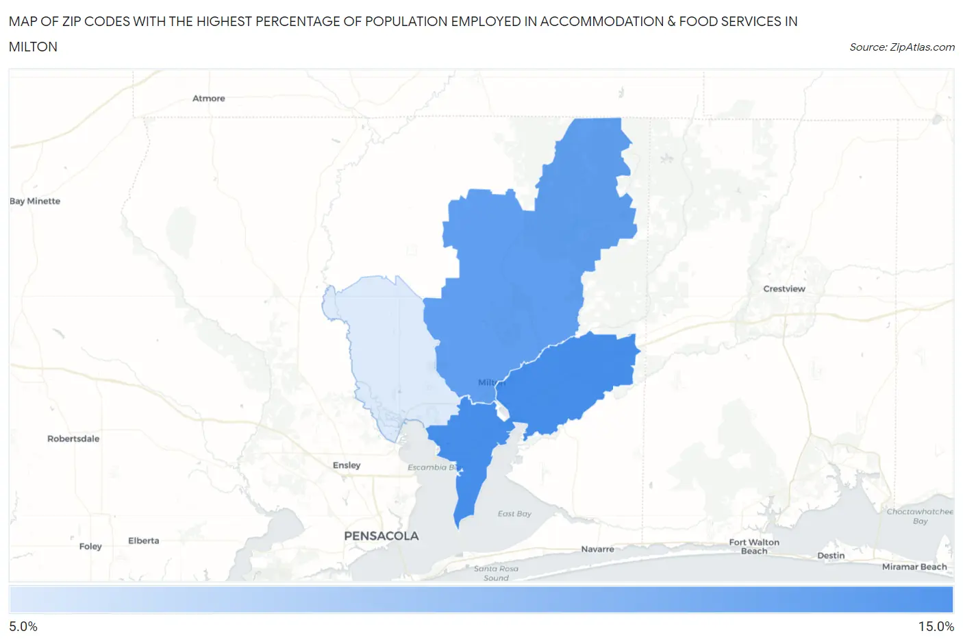 Zip Codes with the Highest Percentage of Population Employed in Accommodation & Food Services in Milton Map