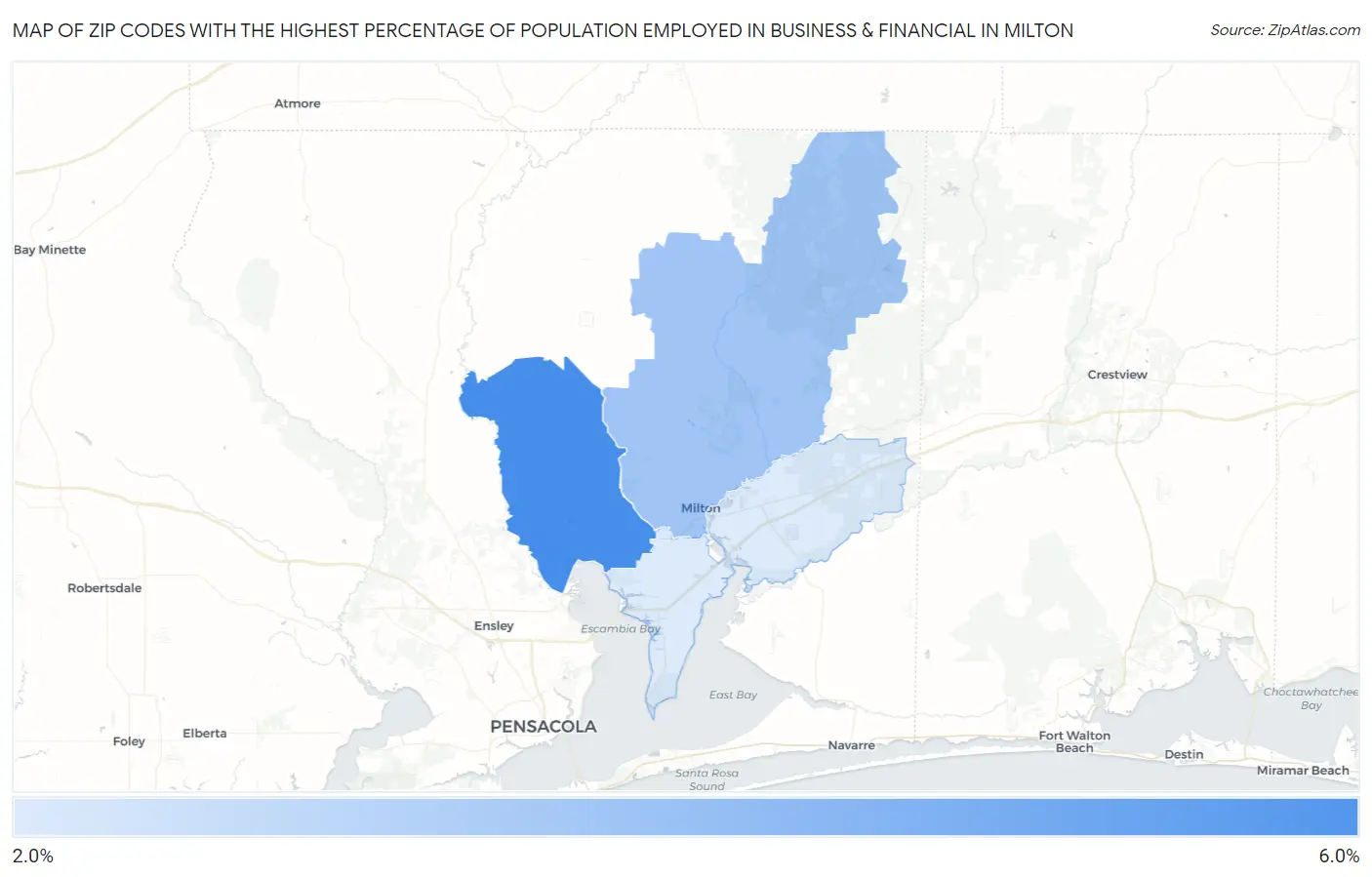 Zip Codes with the Highest Percentage of Population Employed in Business & Financial in Milton Map