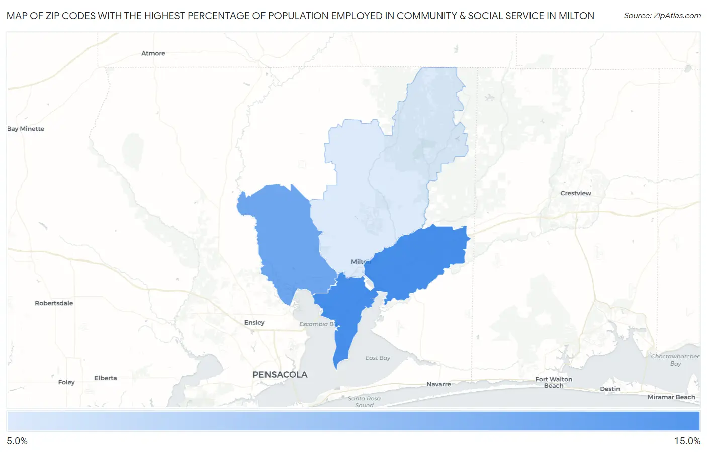 Zip Codes with the Highest Percentage of Population Employed in Community & Social Service  in Milton Map