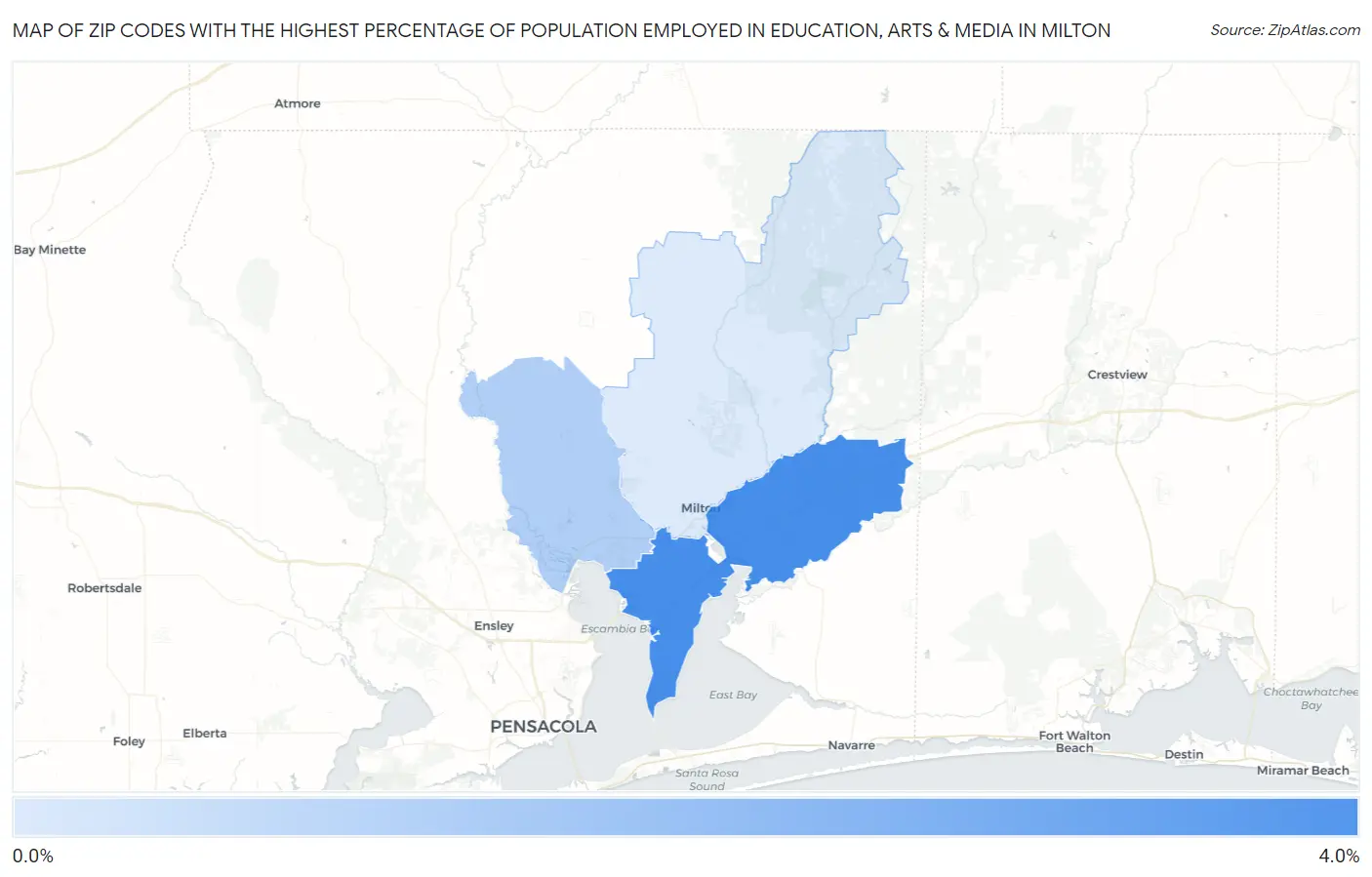 Zip Codes with the Highest Percentage of Population Employed in Education, Arts & Media in Milton Map