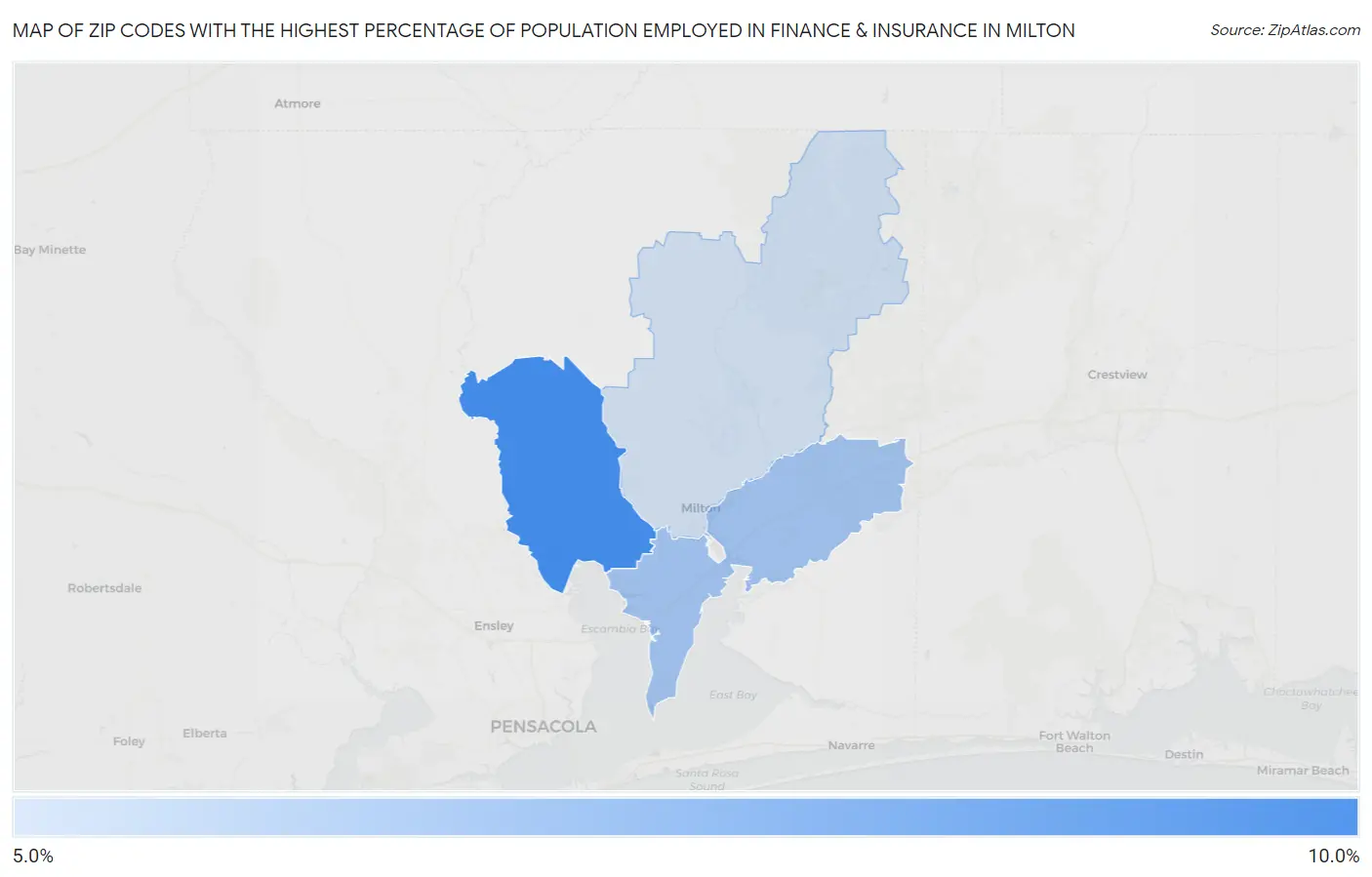 Zip Codes with the Highest Percentage of Population Employed in Finance & Insurance in Milton Map