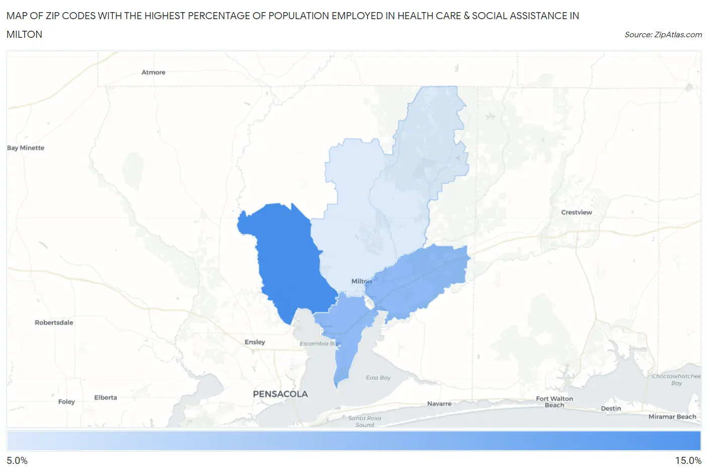 Zip Codes with the Highest Percentage of Population Employed in Health Care & Social Assistance in Milton Map