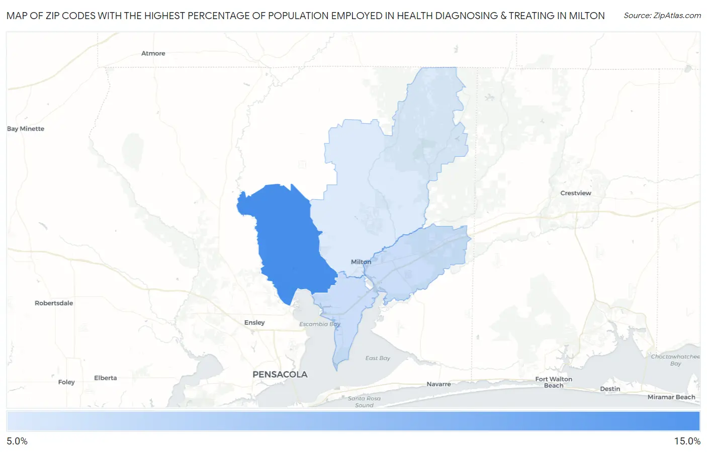 Zip Codes with the Highest Percentage of Population Employed in Health Diagnosing & Treating in Milton Map