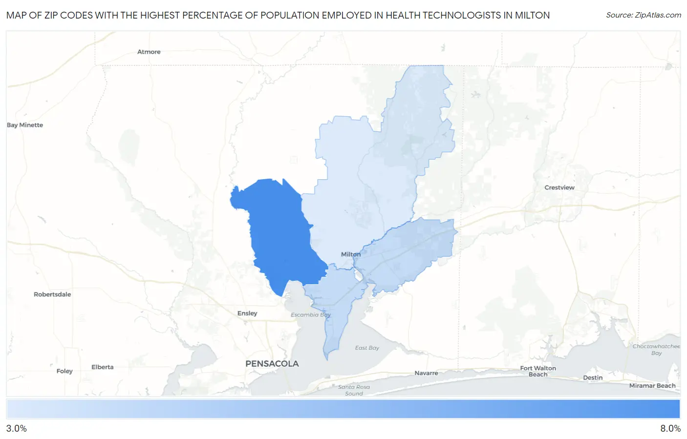 Zip Codes with the Highest Percentage of Population Employed in Health Technologists in Milton Map