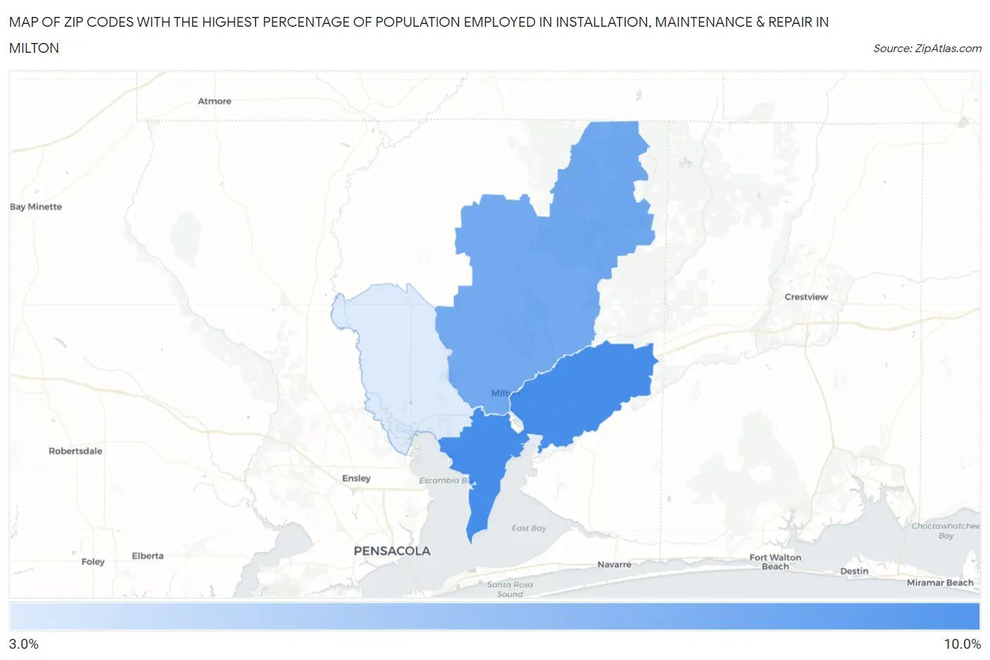 Zip Codes with the Highest Percentage of Population Employed in Installation, Maintenance & Repair in Milton Map