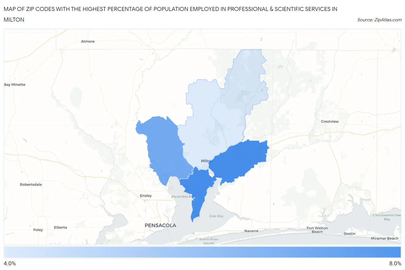 Zip Codes with the Highest Percentage of Population Employed in Professional & Scientific Services in Milton Map
