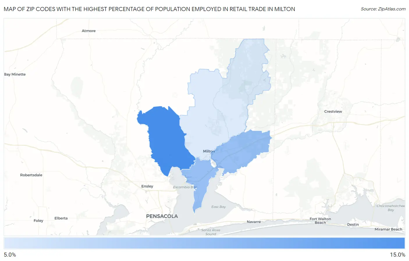 Zip Codes with the Highest Percentage of Population Employed in Retail Trade in Milton Map