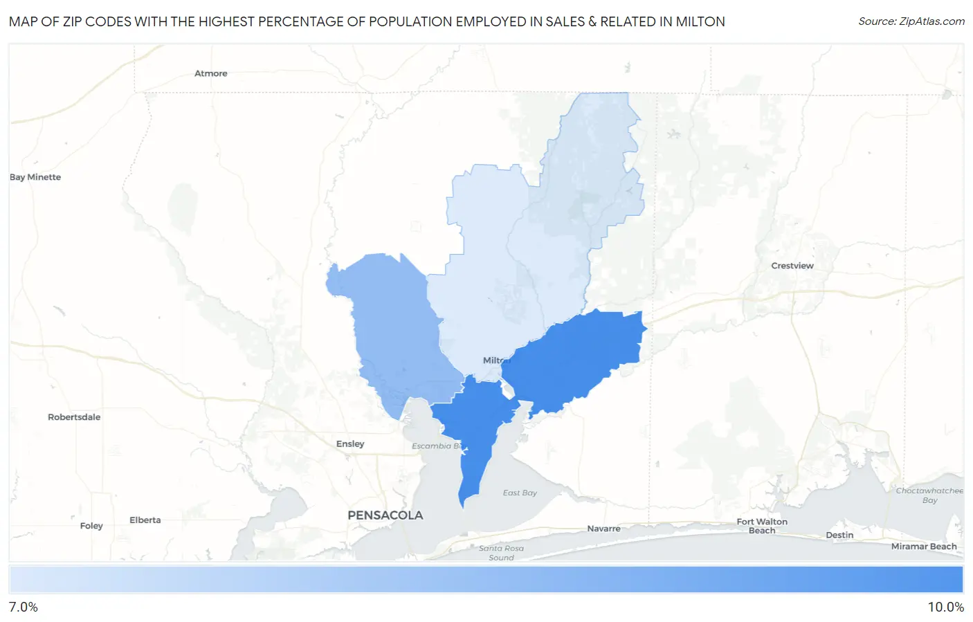 Zip Codes with the Highest Percentage of Population Employed in Sales & Related in Milton Map