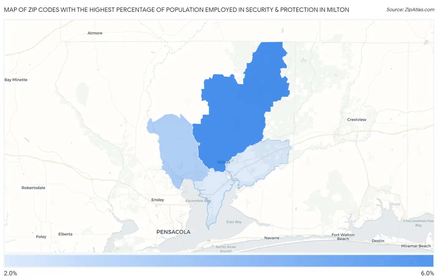 Zip Codes with the Highest Percentage of Population Employed in Security & Protection in Milton Map