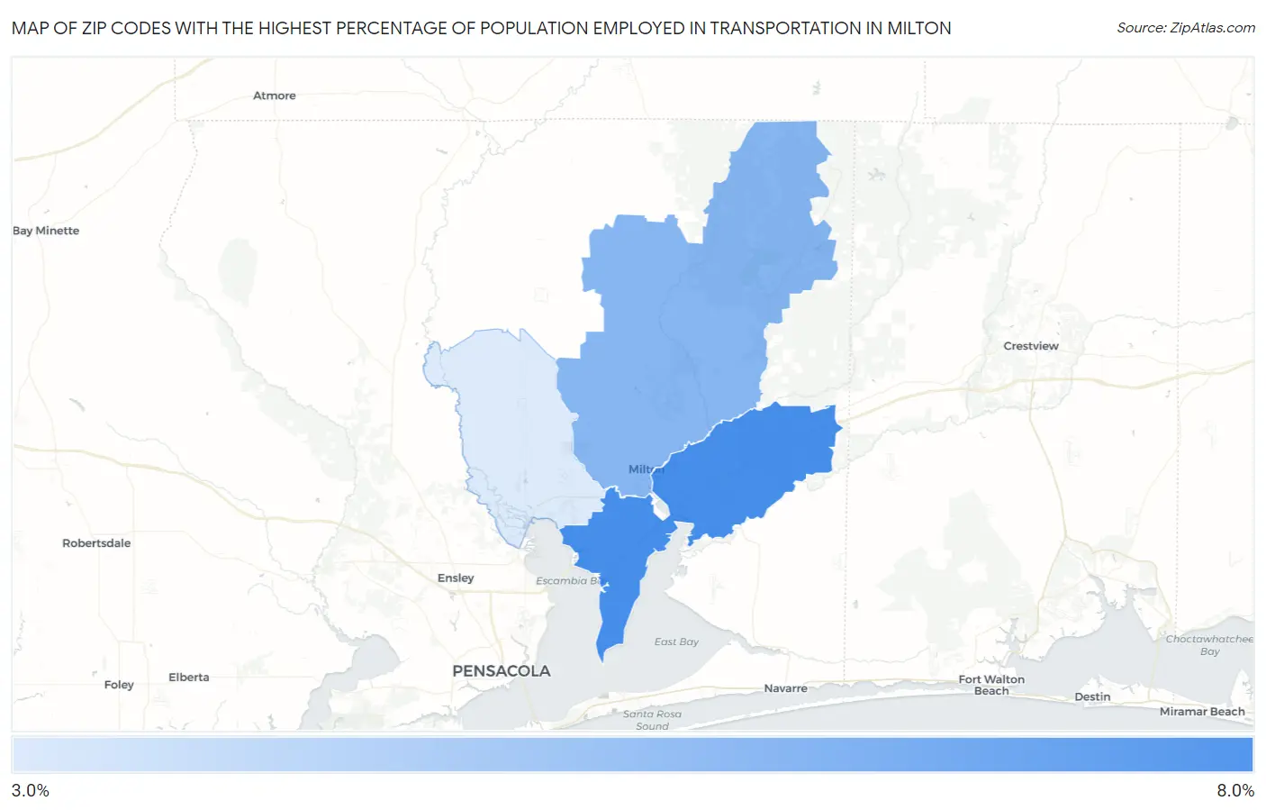 Zip Codes with the Highest Percentage of Population Employed in Transportation in Milton Map