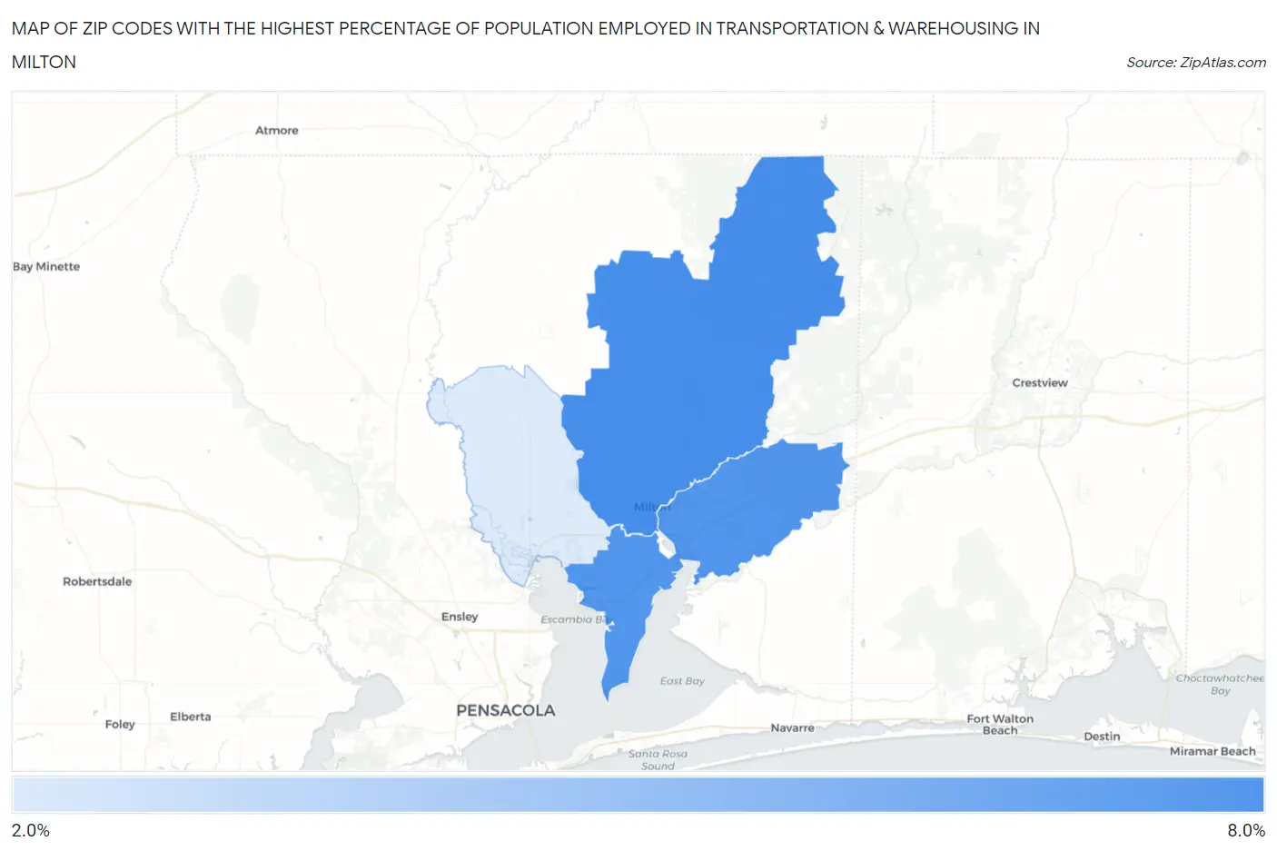 Zip Codes with the Highest Percentage of Population Employed in Transportation & Warehousing in Milton Map