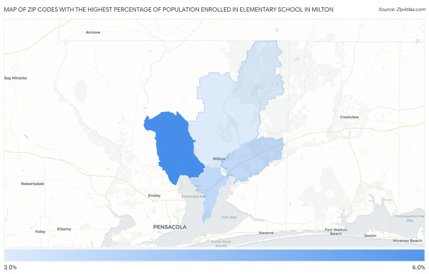 Zip Codes with the Highest Percentage of Population Enrolled in Elementary School in Milton Map
