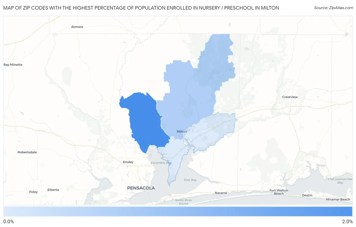 Zip Codes with the Highest Percentage of Population Enrolled in Nursery / Preschool in Milton Map