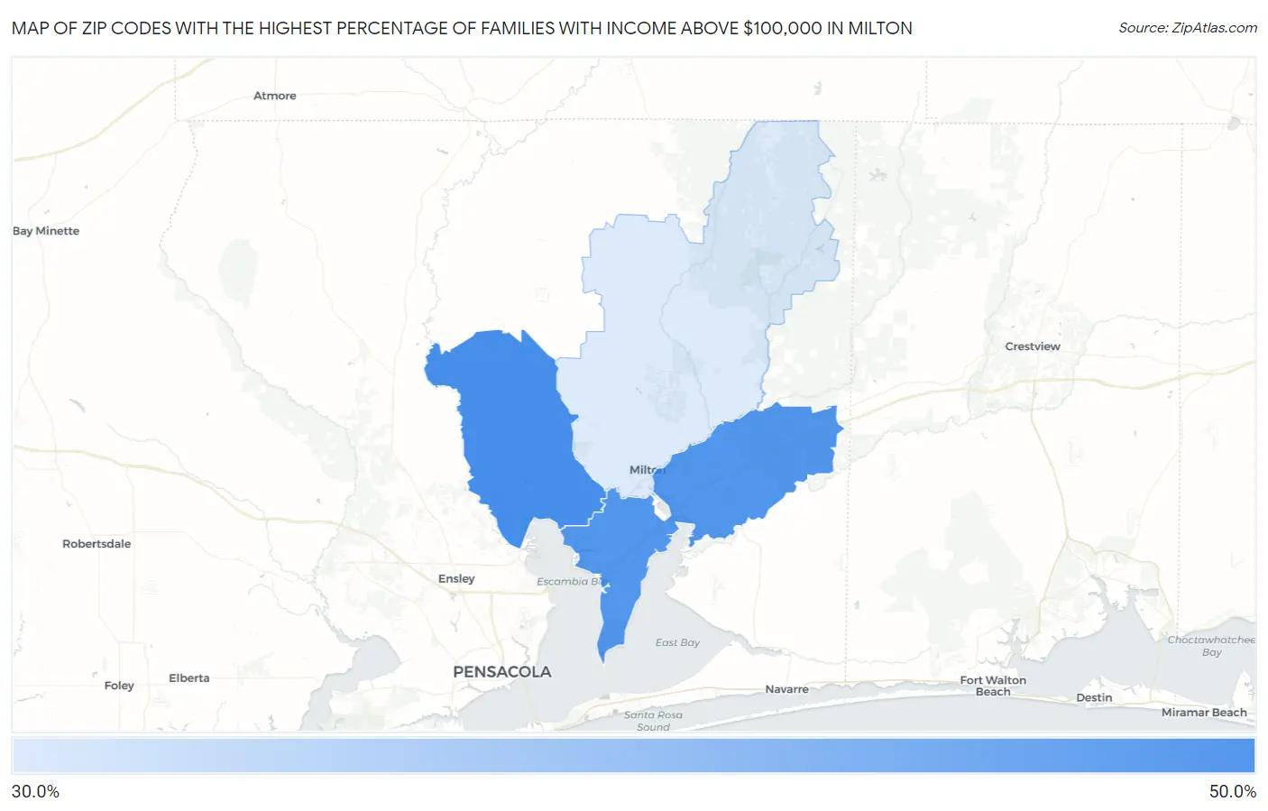 Zip Codes with the Highest Percentage of Families with Income Above $100,000 in Milton Map