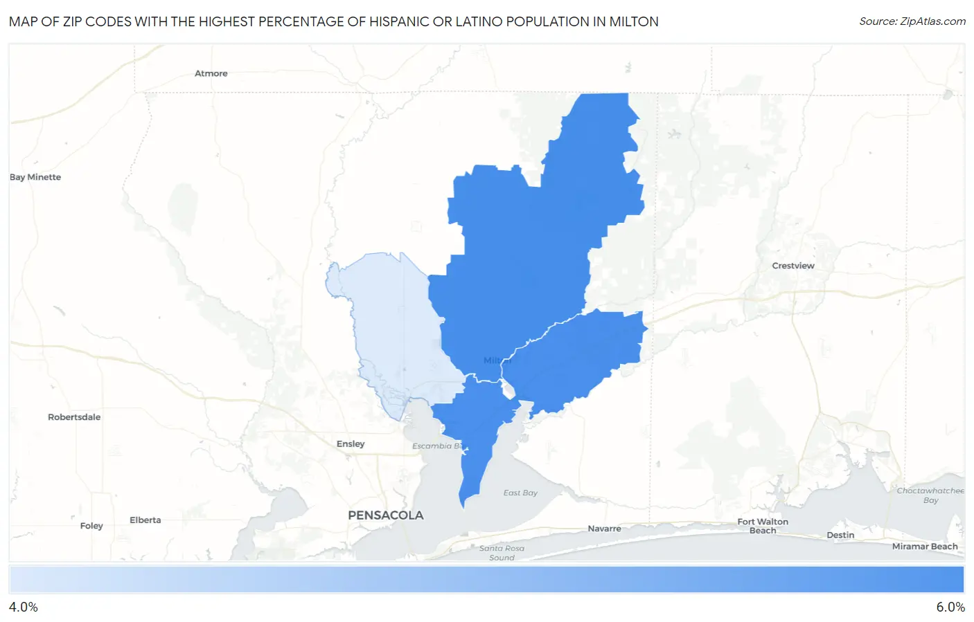 Zip Codes with the Highest Percentage of Hispanic or Latino Population in Milton Map