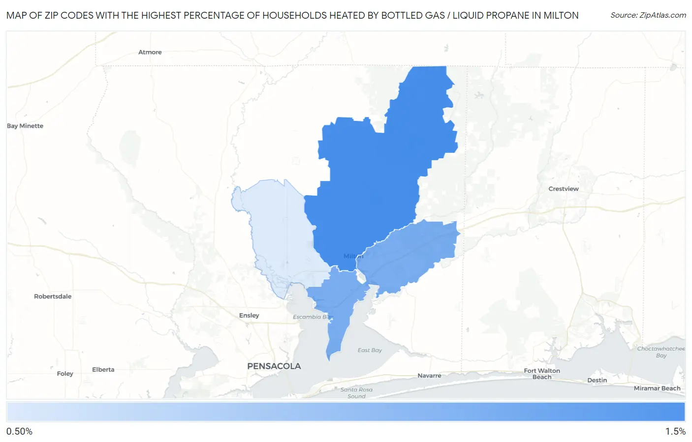 Zip Codes with the Highest Percentage of Households Heated by Bottled Gas / Liquid Propane in Milton Map