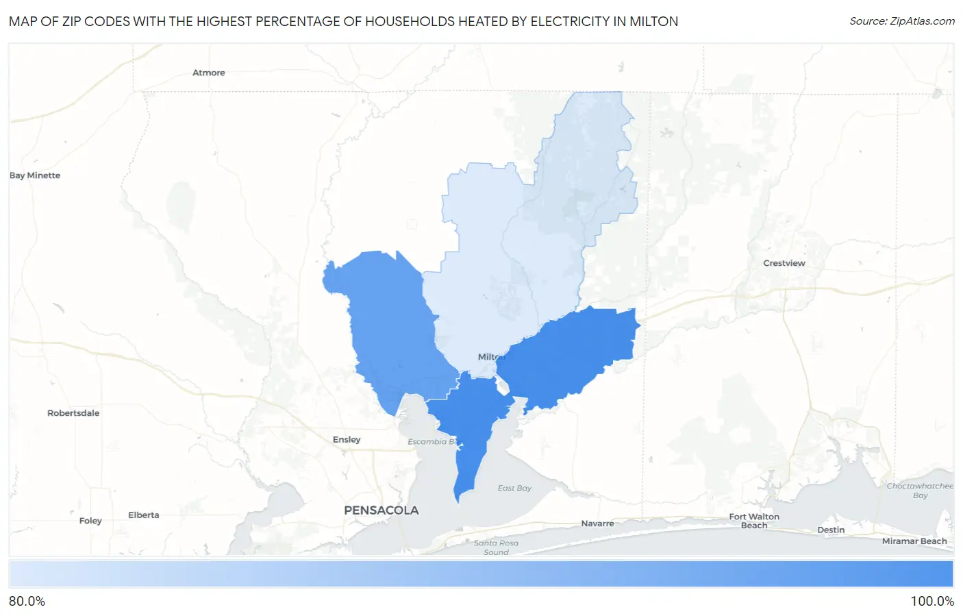 Zip Codes with the Highest Percentage of Households Heated by Electricity in Milton Map