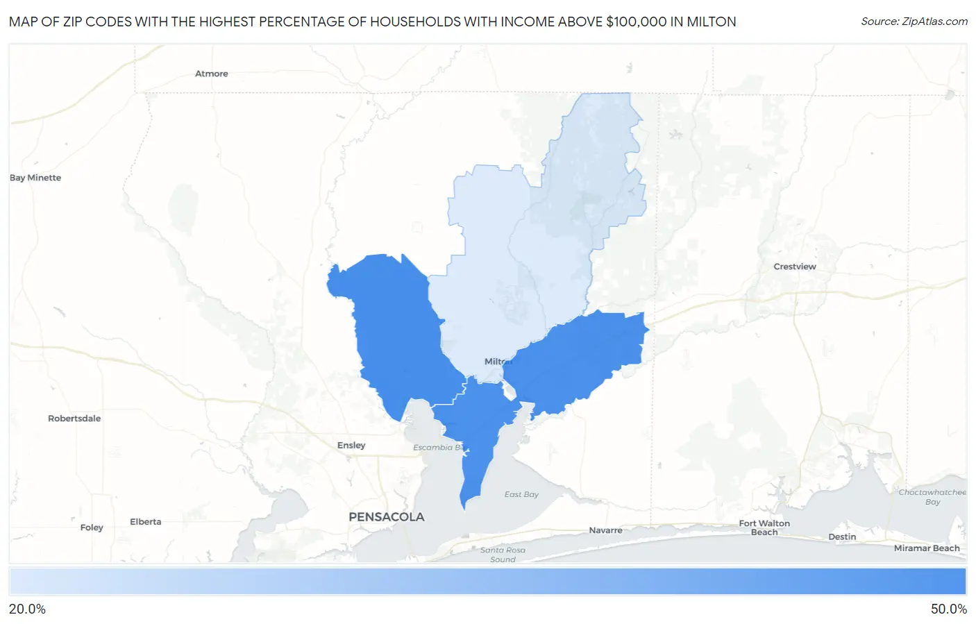Zip Codes with the Highest Percentage of Households with Income Above $100,000 in Milton Map