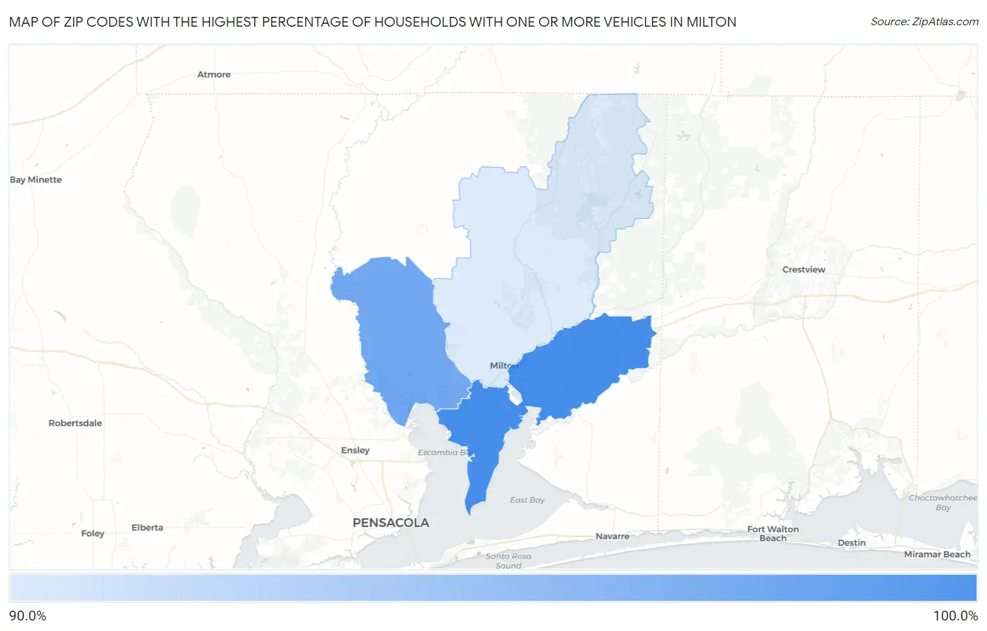 Zip Codes with the Highest Percentage of Households With One or more Vehicles in Milton Map