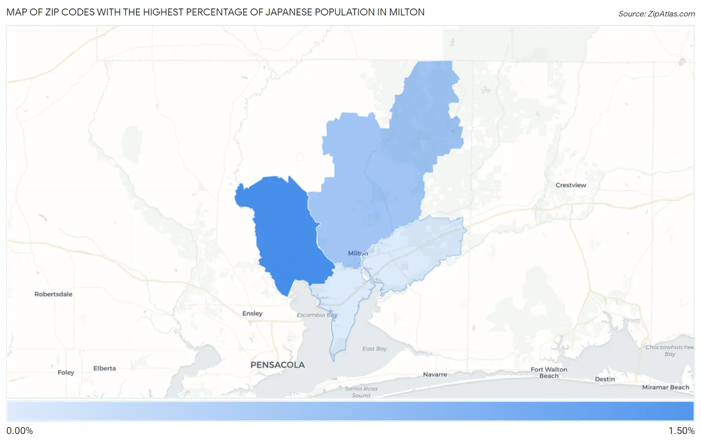 Zip Codes with the Highest Percentage of Japanese Population in Milton Map