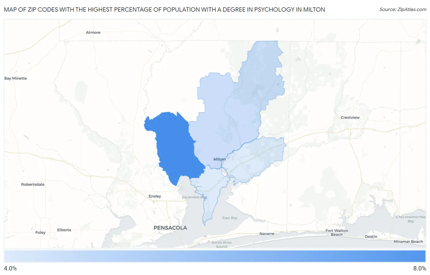 Zip Codes with the Highest Percentage of Population with a Degree in Psychology in Milton Map