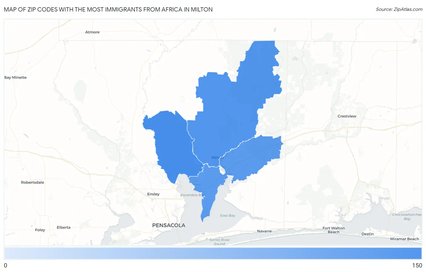 Zip Codes with the Most Immigrants from Africa in Milton Map