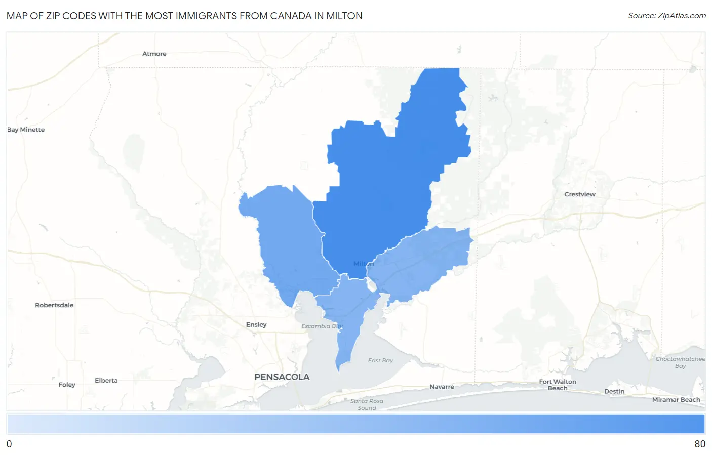 Zip Codes with the Most Immigrants from Canada in Milton Map