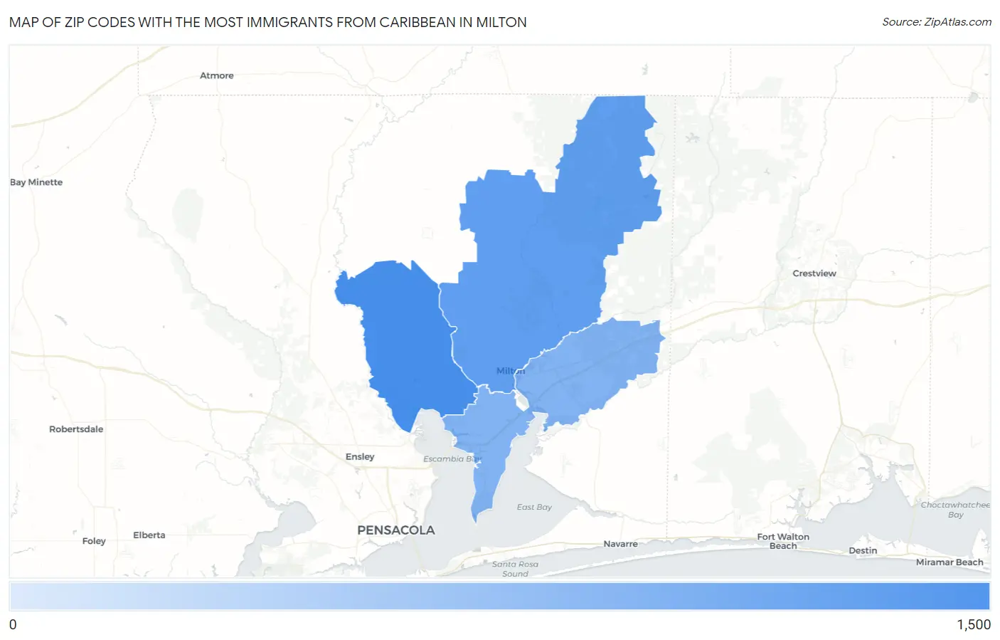 Zip Codes with the Most Immigrants from Caribbean in Milton Map