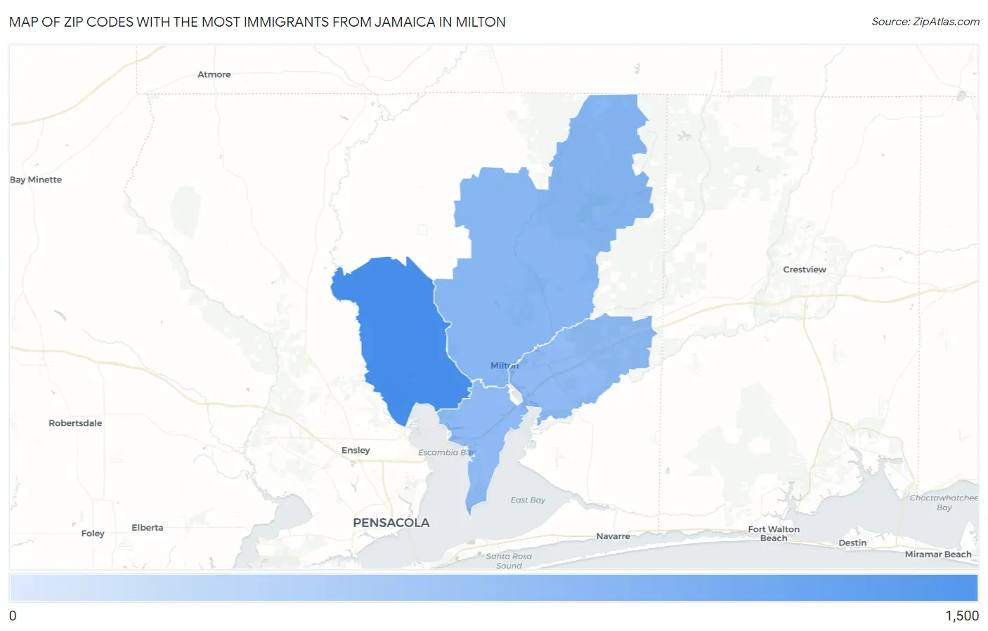 Zip Codes with the Most Immigrants from Jamaica in Milton Map