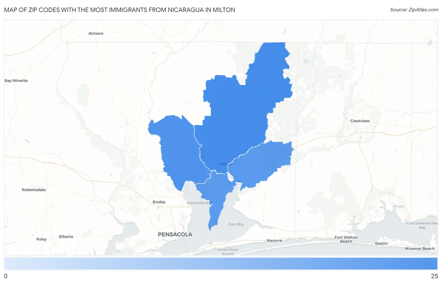 Zip Codes with the Most Immigrants from Nicaragua in Milton Map