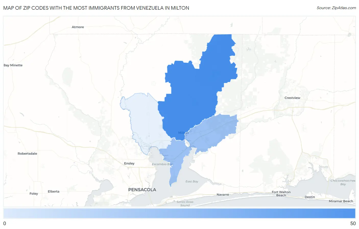 Zip Codes with the Most Immigrants from Venezuela in Milton Map