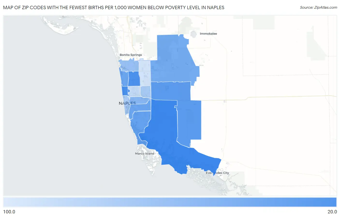Zip Codes with the Fewest Births per 1,000 Women Below Poverty Level in Naples Map