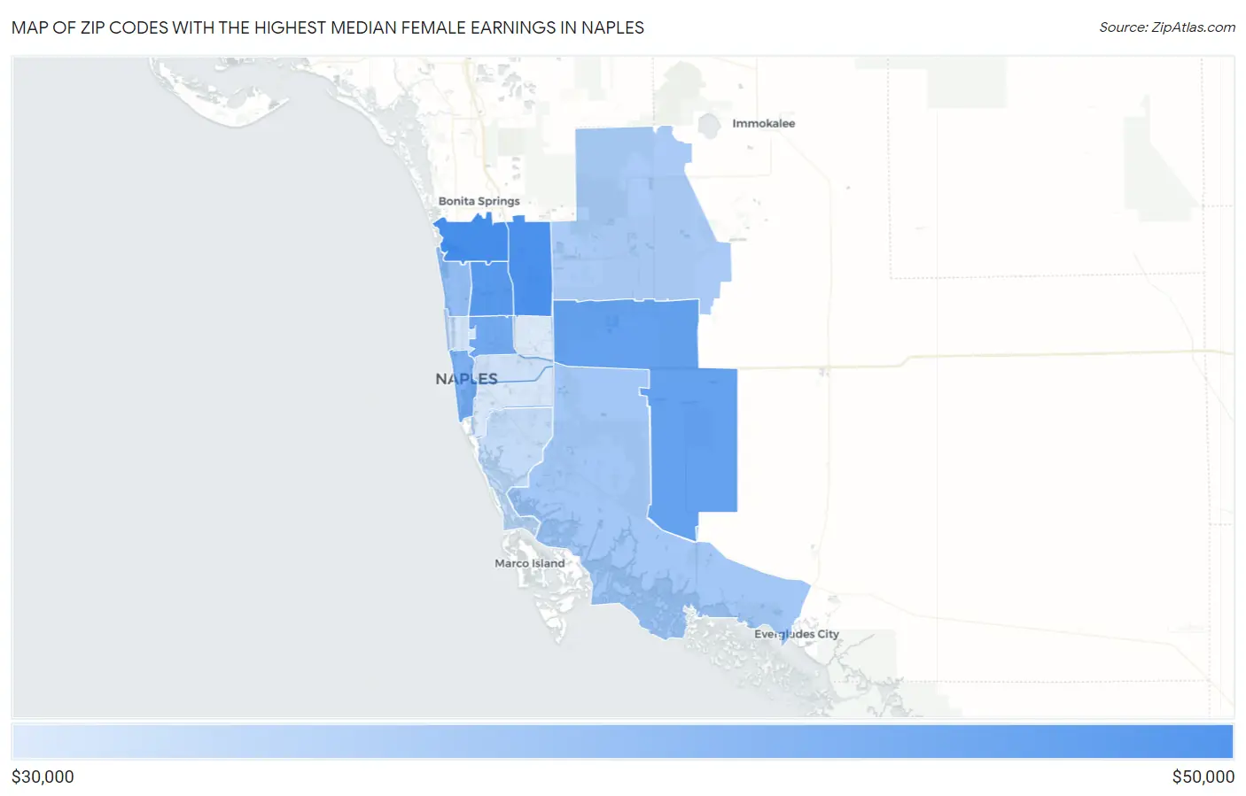 Zip Codes with the Highest Median Female Earnings in Naples Map