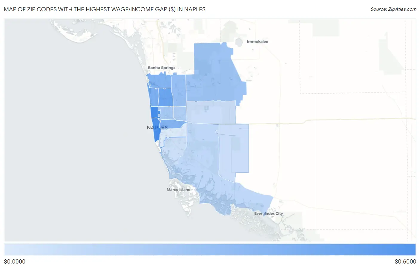 Zip Codes with the Highest Wage/Income Gap ($) in Naples Map