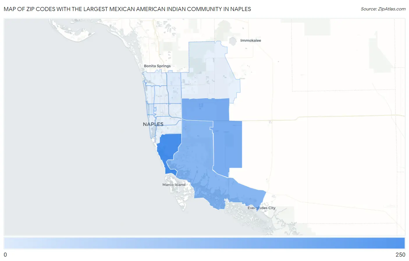 Zip Codes with the Largest Mexican American Indian Community in Naples Map