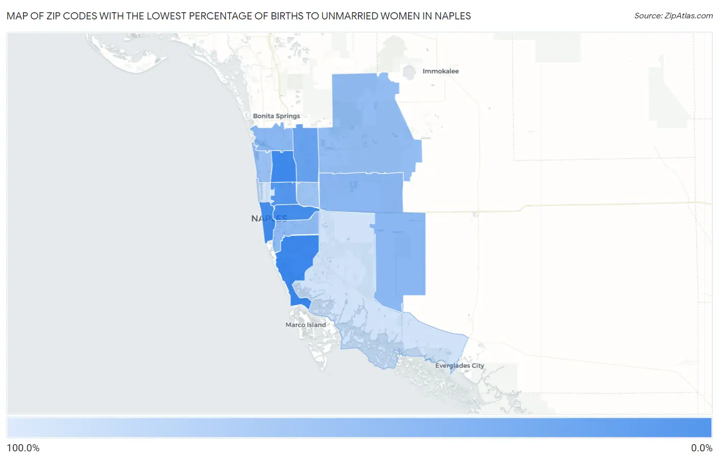 Zip Codes with the Lowest Percentage of Births to Unmarried Women in Naples Map