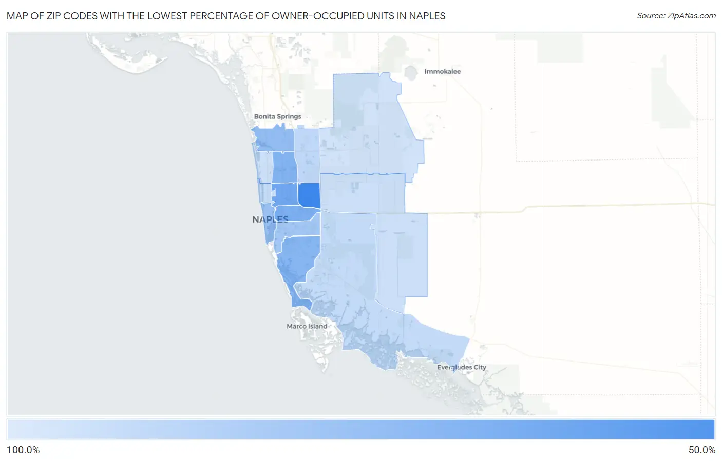 Zip Codes with the Lowest Percentage of Owner-Occupied Units in Naples Map