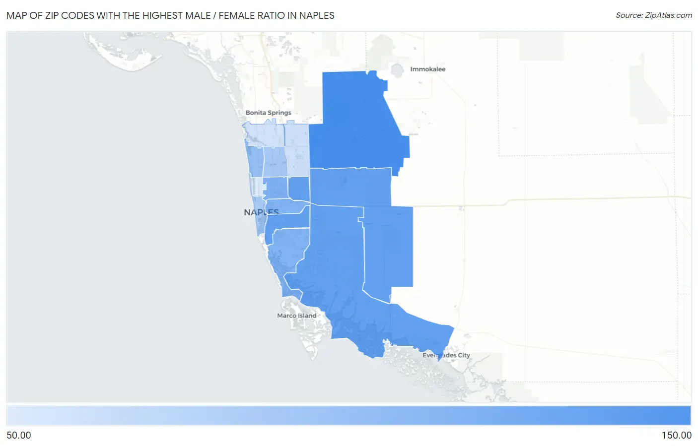 Zip Codes with the Highest Male / Female Ratio in Naples Map