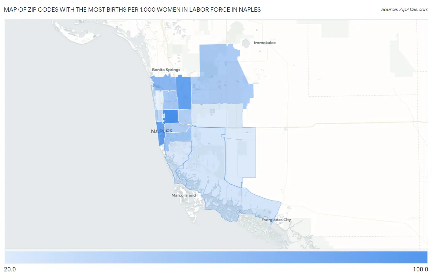 Zip Codes with the Most Births per 1,000 Women in Labor Force in Naples Map