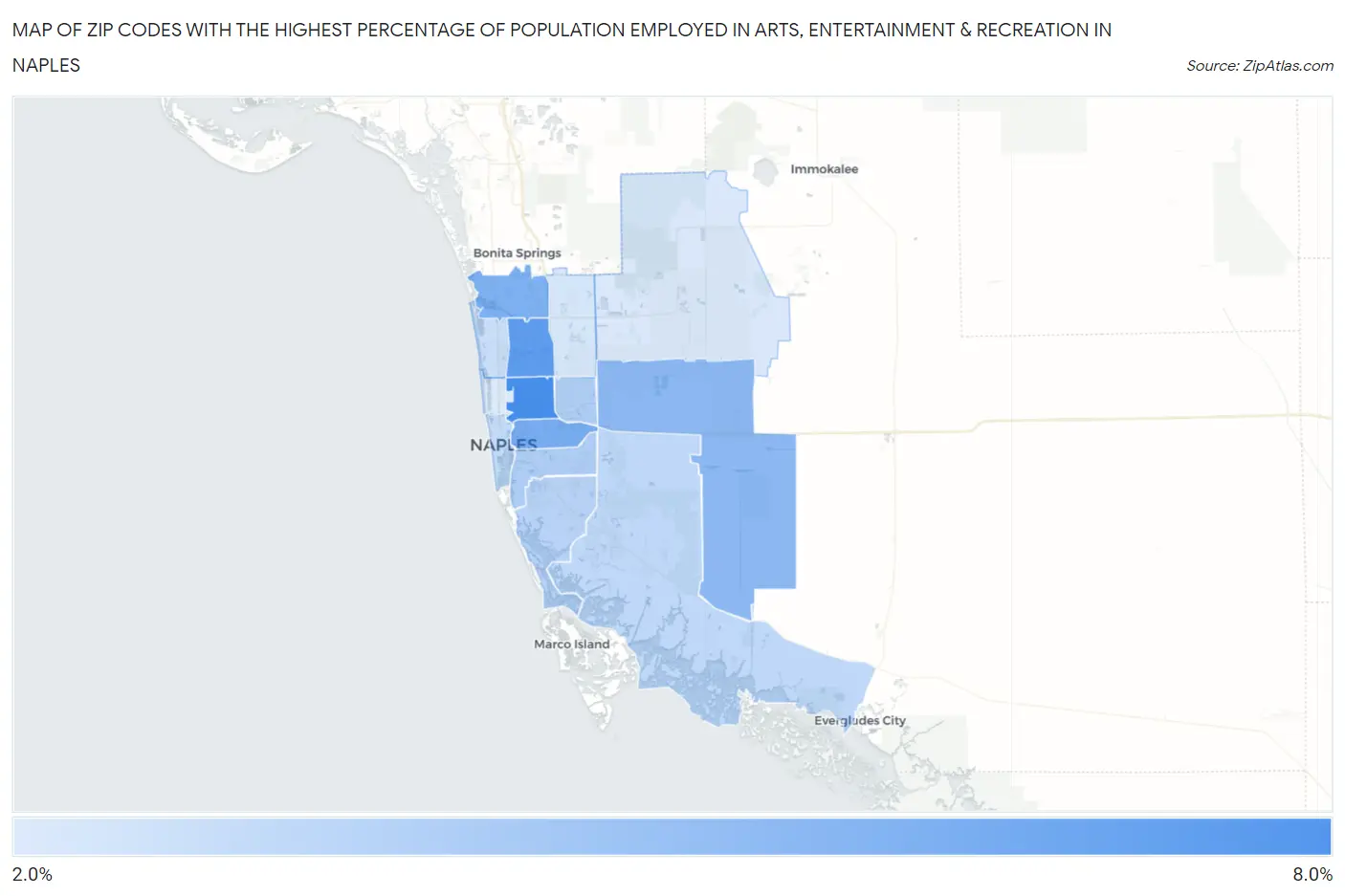 Zip Codes with the Highest Percentage of Population Employed in Arts, Entertainment & Recreation in Naples Map