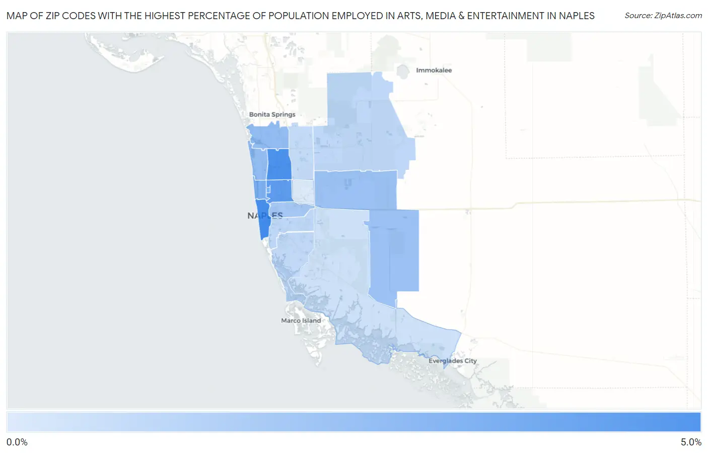 Zip Codes with the Highest Percentage of Population Employed in Arts, Media & Entertainment in Naples Map